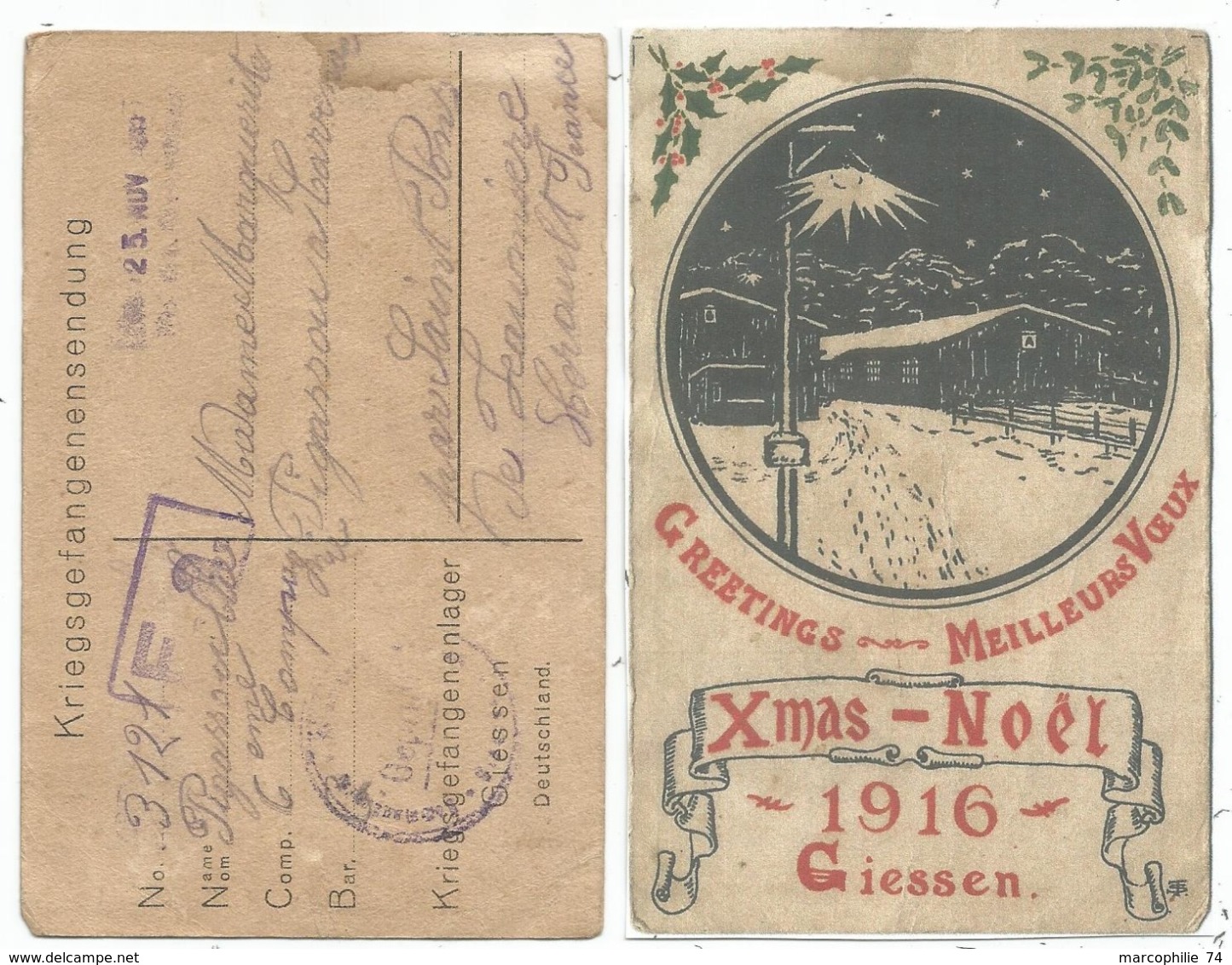 GERMANY POSTKARTE MEILLEURS VOEUX NOEL XMAS 1916 GIESSEN POUR ST PONT FRANCE - Oorlog 1914-18