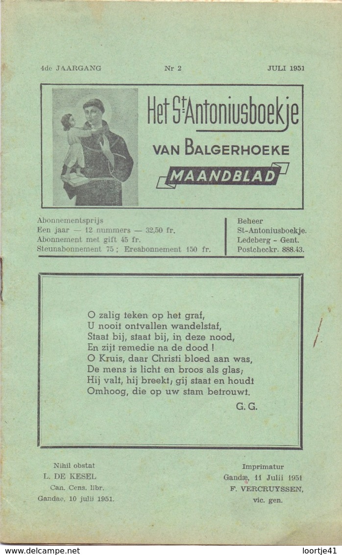 Tijdschrift - Devotie , Godsdienst - Het St Antoniusboekje Van Balgerhoeke - Juli 1951 - Autres & Non Classés