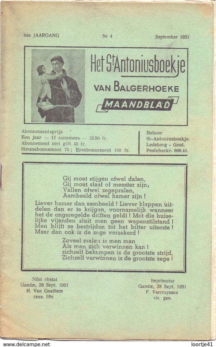 Tijdschrift - Devotie , Godsdienst - Het St Antoniusboekje Van Balgerhoeke - September 1951 - Autres & Non Classés