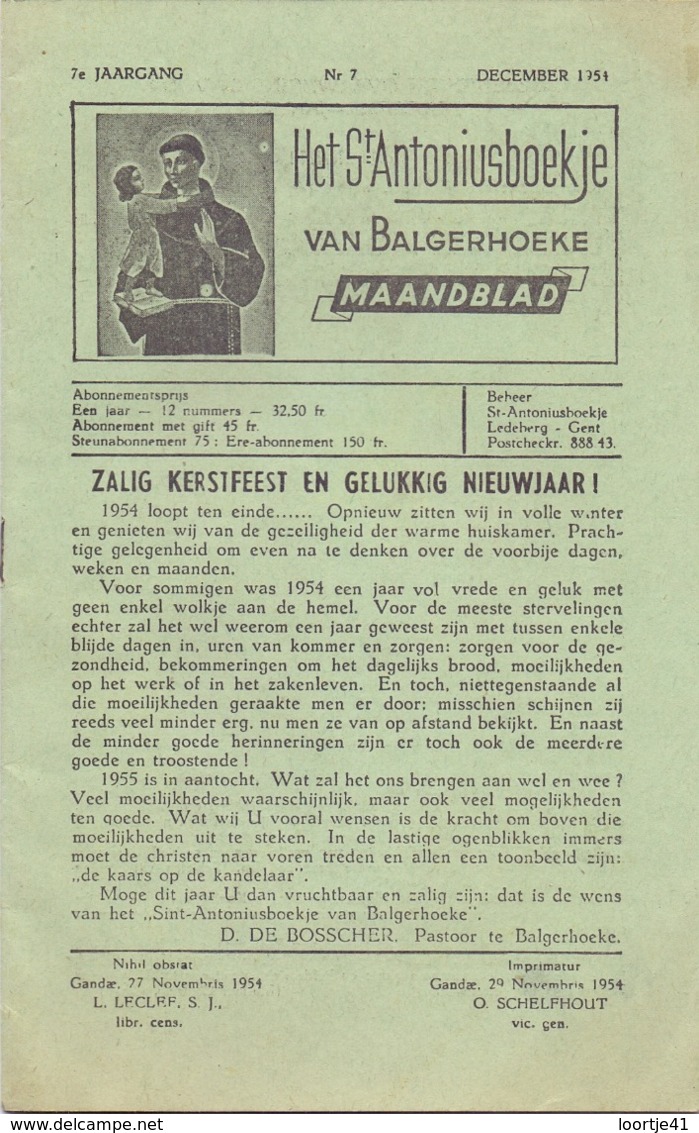 Tijdschrift - Devotie , Godsdienst - Het St Antoniusboekje Van Balgerhoeke - December 1954 - Autres & Non Classés