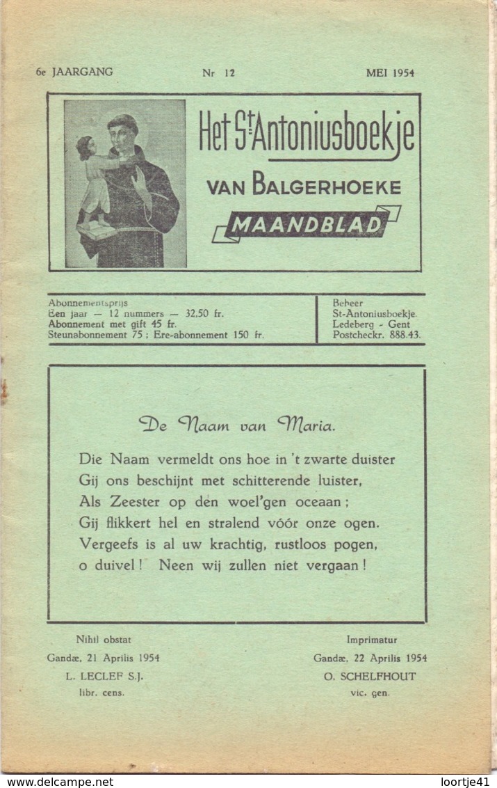 Tijdschrift - Devotie , Godsdienst - Het St Antoniusboekje Van Balgerhoeke - April 1954 - Autres & Non Classés