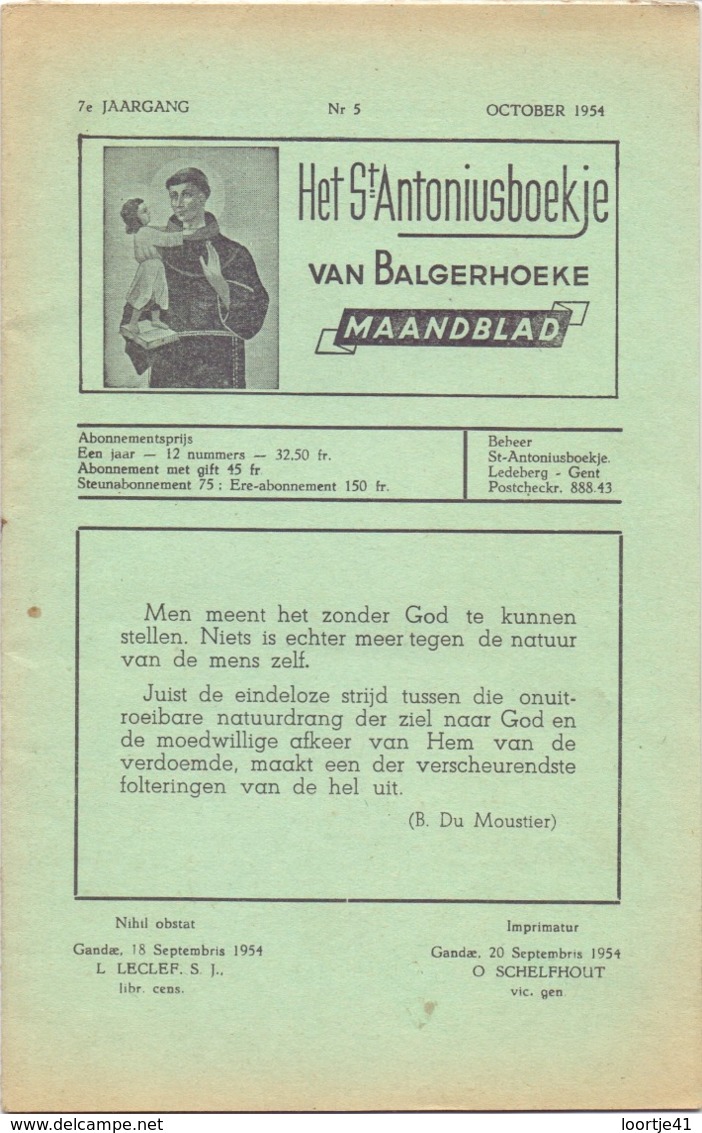 Tijdschrift - Devotie , Godsdienst - Het St Antoniusboekje Van Balgerhoeke - October 1954 - Autres & Non Classés