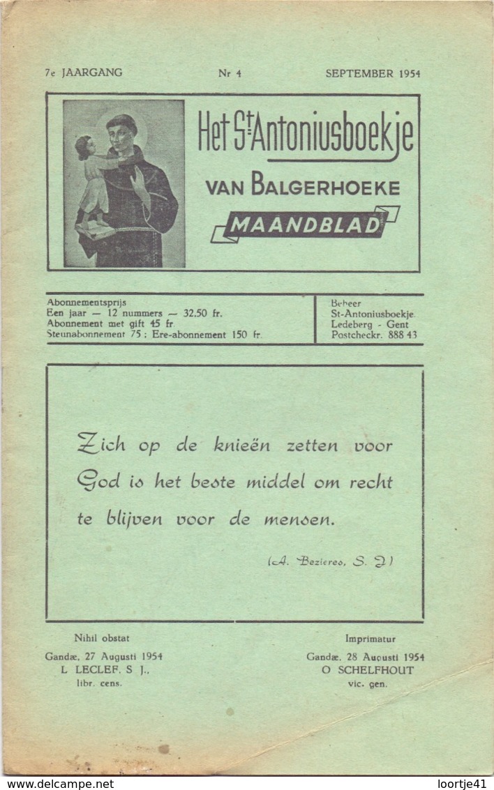 Tijdschrift - Devotie , Godsdienst - Het St Antoniusboekje Van Balgerhoeke - September 1954 - Autres & Non Classés