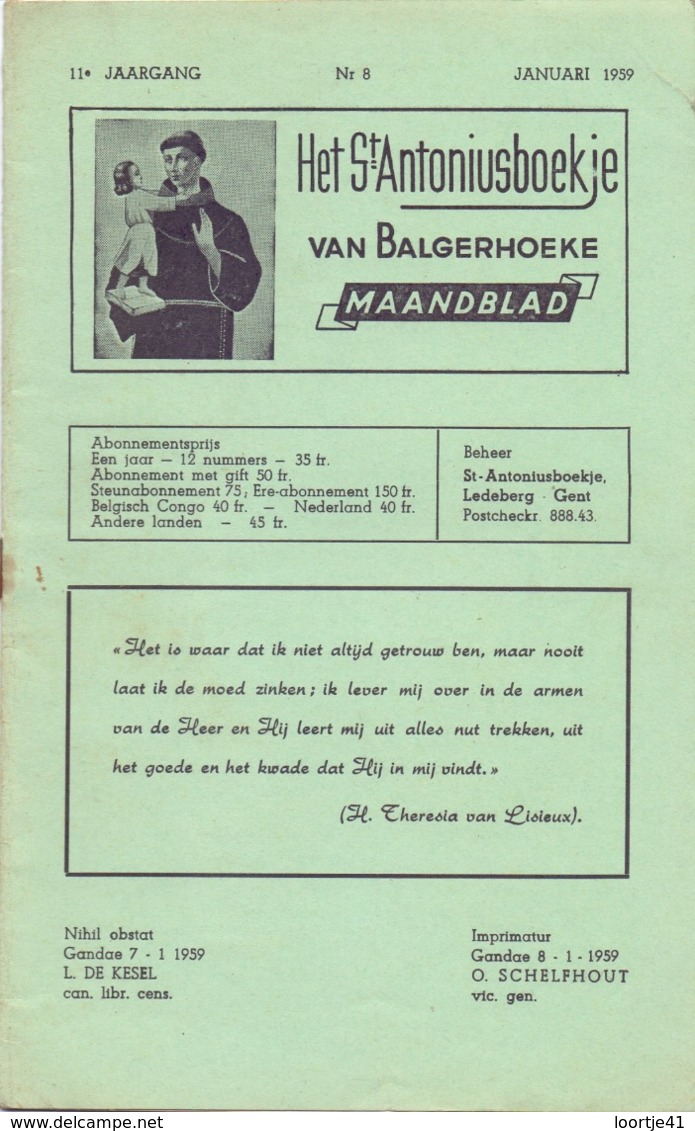 Tijdschrift - Devotie , Godsdienst - Het St Antoniusboekje Van Balgerhoeke - Januari 1959 - Autres & Non Classés