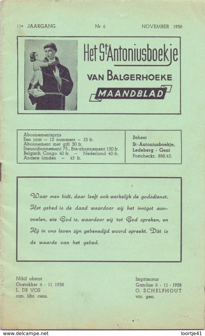 Tijdschrift - Devotie , Godsdienst - Het St Antoniusboekje Van Balgerhoeke - November 1958 - Autres & Non Classés