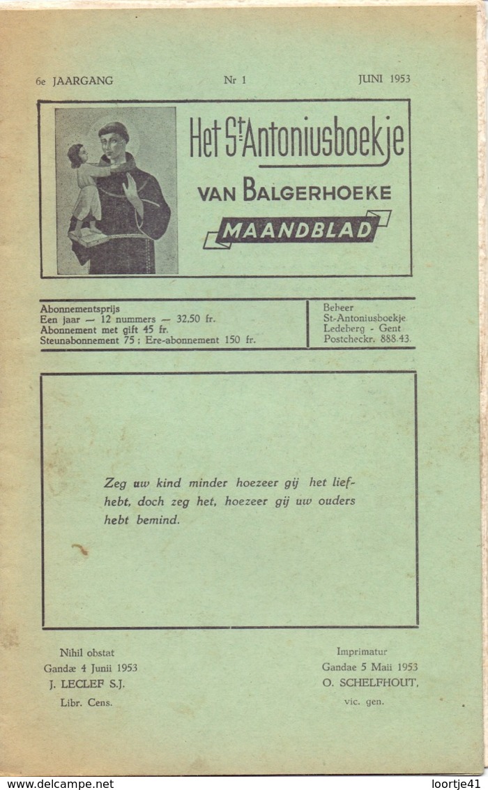 Tijdschrift - Devotie , Godsdienst - Het St Antoniusboekje Van Balgerhoeke - Juni 1953 - Autres & Non Classés