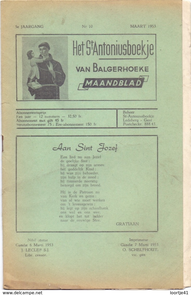 Tijdschrift - Devotie , Godsdienst - Het St Antoniusboekje Van Balgerhoeke - Maart 1953 - Autres & Non Classés