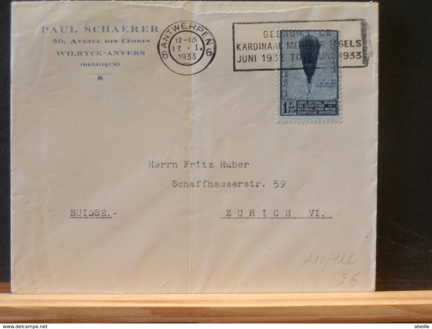 A10/922   LETTRE BELGE POUR LA SUISSE - Mongolfiere