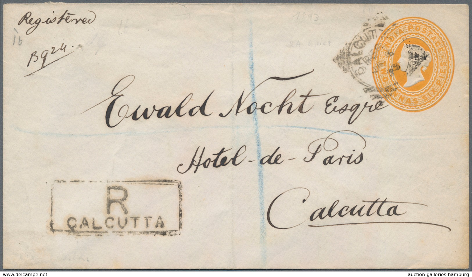 Indien: 1893, 2 Annas/six Pence Yellew Postal Stationery Registered Cover Cancelled "CALCUTTA" Used - 1902-11  Edward VII