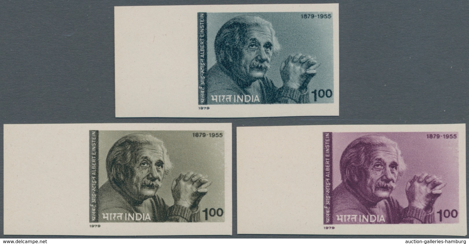 Indien: 1979, Einstein Centenary, 3 Colour Proofs In Sepia Purple And Gray Blue, Imperforate On Thic - 1902-11 Roi Edouard VII