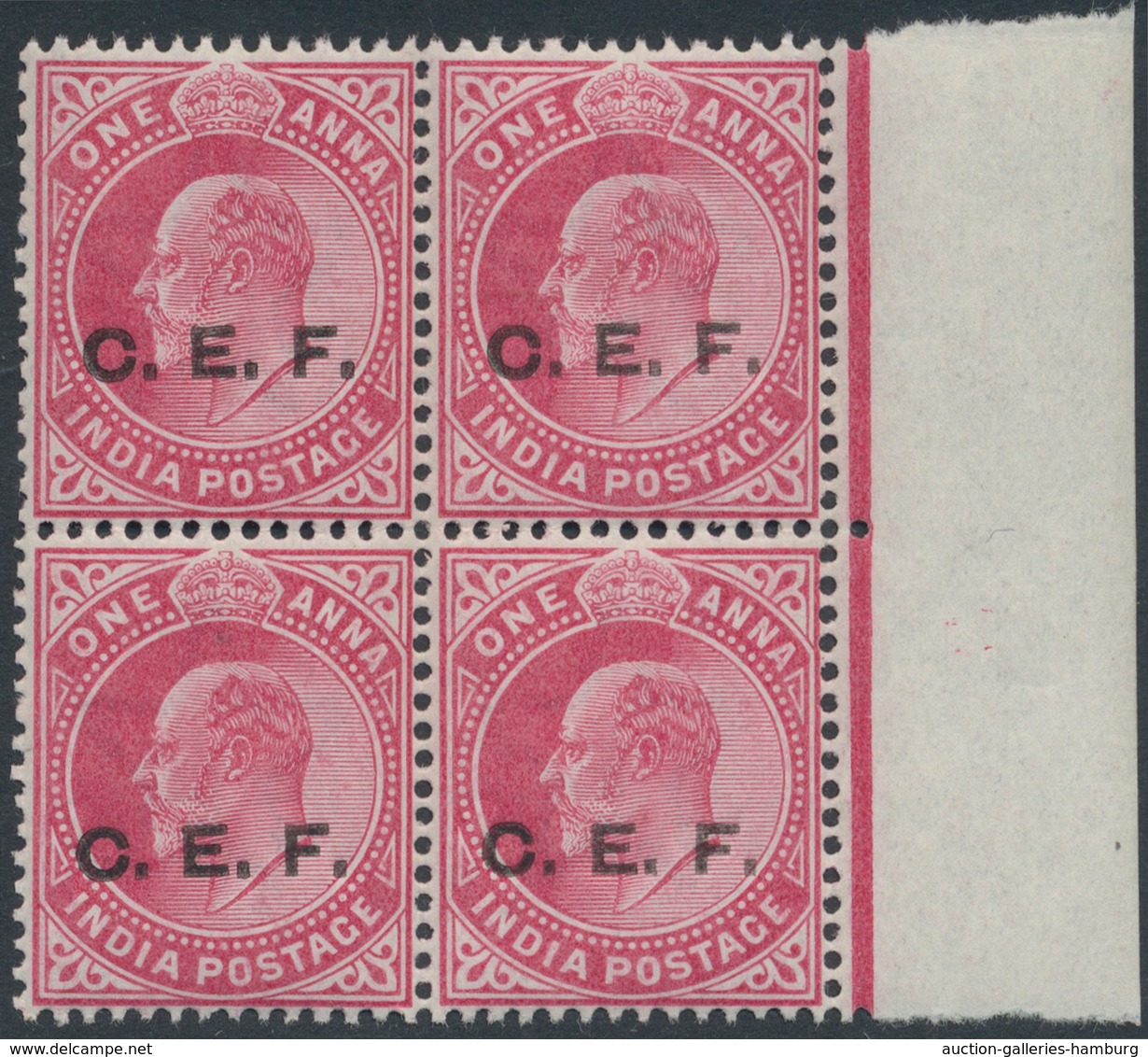 Indien - Indische Polizeitruppen: India, C.E.F., 1905/11, 1 Anna Carmine, A Marginal Block Of 4, Var - Franchise Militaire