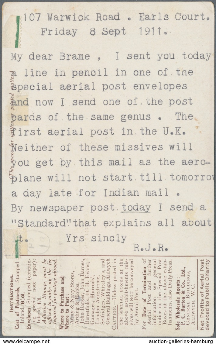 Indien - Besonderheiten: 1911, INCOMING MAIL-GB, "FIRST U.K. AIRIAL POST", Special Event Pictorial P - Autres & Non Classés