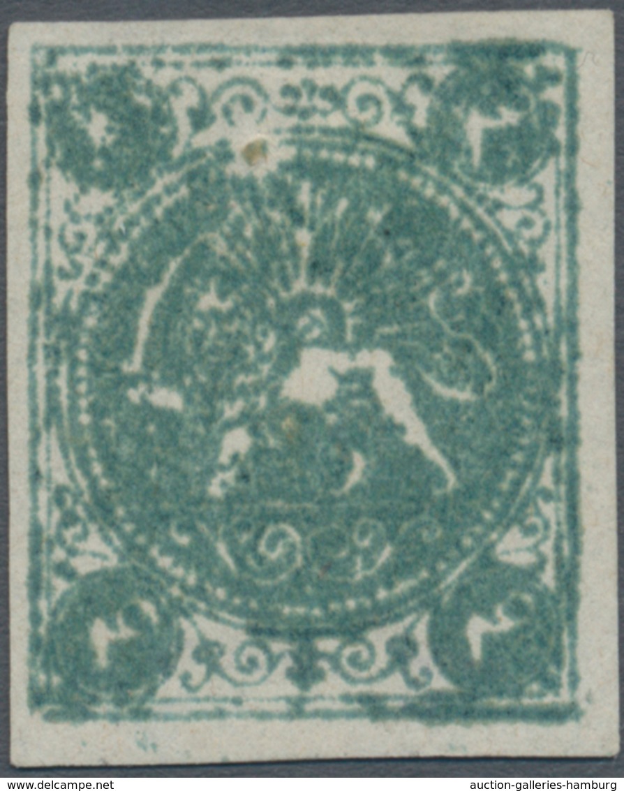 Iran: 1870, Baqeri Issue, 4ch. Bluish Green, Type II On Thin Paper, Natural Enclosure, Unused No Gum - Iran
