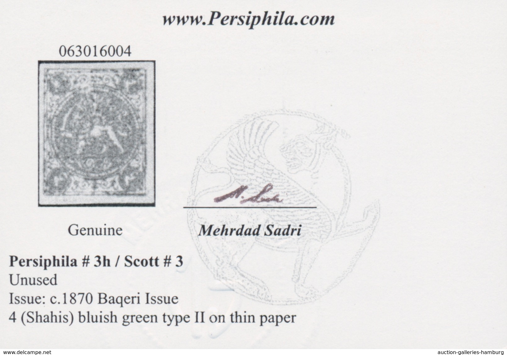 Iran: 1870, Baqeri Issue, 4ch. Bluish Green, Type II On Thin Paper, Natural Enclosure, Unused No Gum - Irán