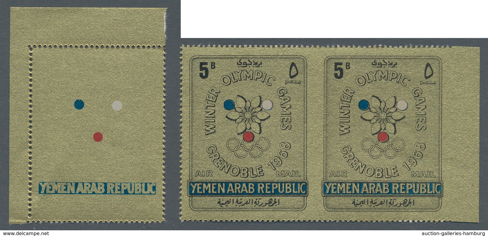 Jemen: 1968, Grenoble Winter Olympics Three Values Specialised Lot Containing Misperfs, Missing Prin - Yemen