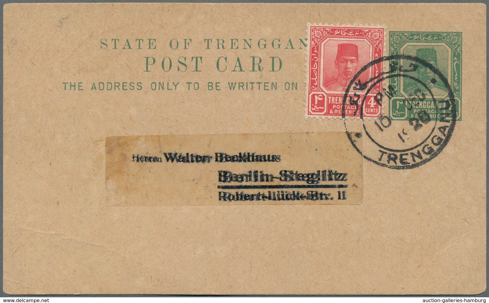 Malaiische Staaten - Trengganu: 1928 Postal Stationery Card 2c. Green, Uprated By Similar Sultan Sul - Trengganu