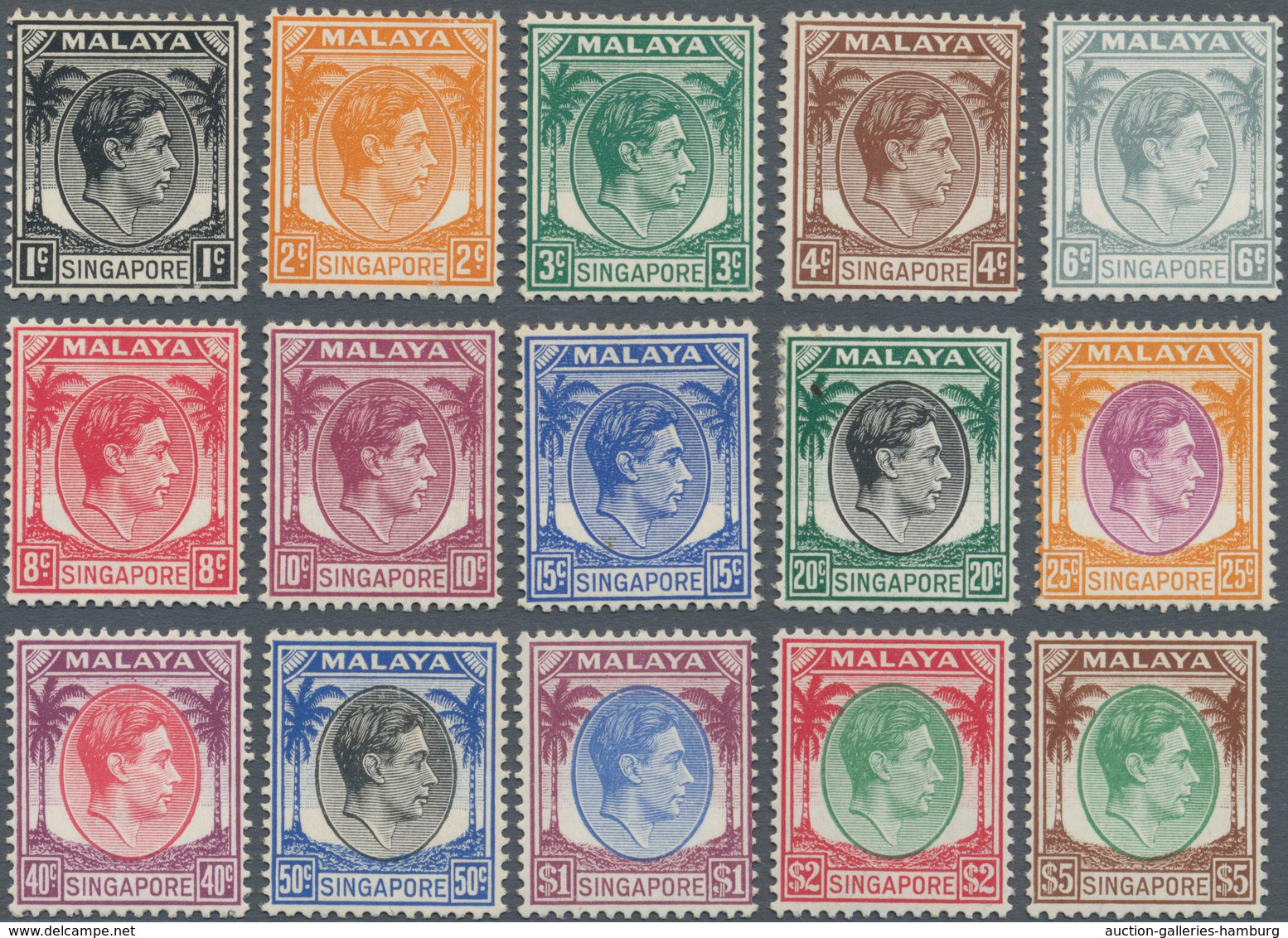 Singapur: 1948, KGVI Definitives Perf. 14 Complete Set Of 15, Mint Hinged, SG. £ 180 - Singapore (...-1959)