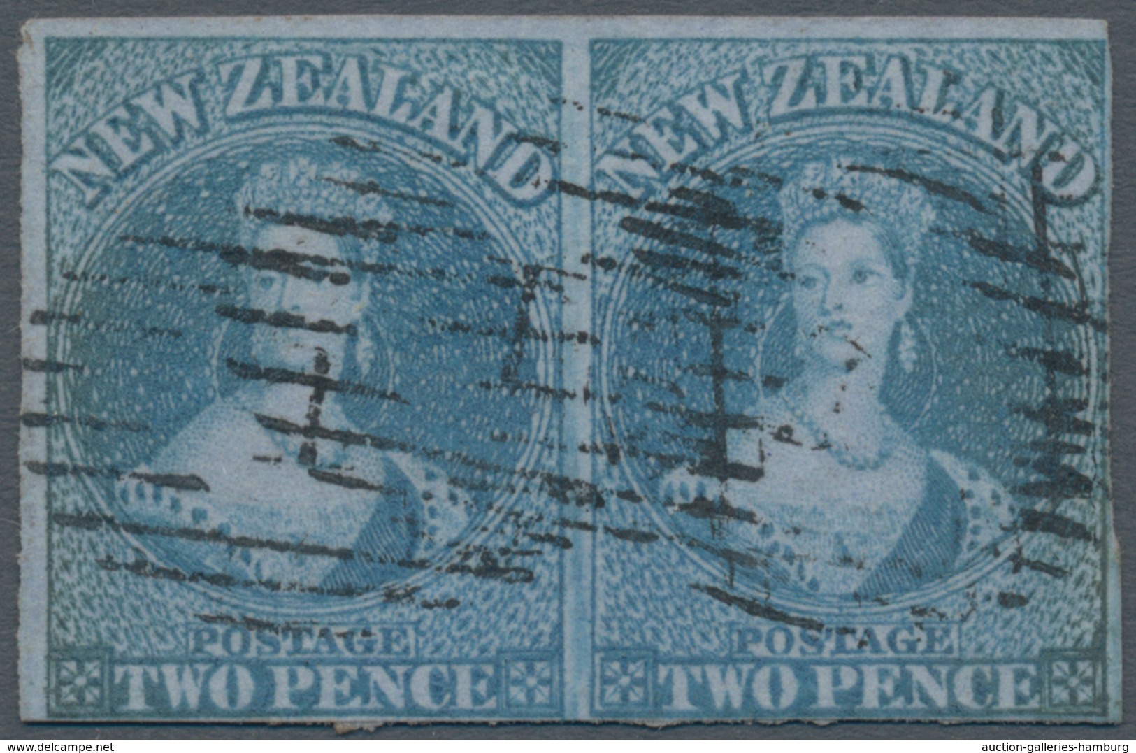 Neuseeland: 1855-58 'Chalon Head' 2d. Blue On Blue Paper W/o Watermark, Horizontal Pair Used And Can - Sonstige & Ohne Zuordnung