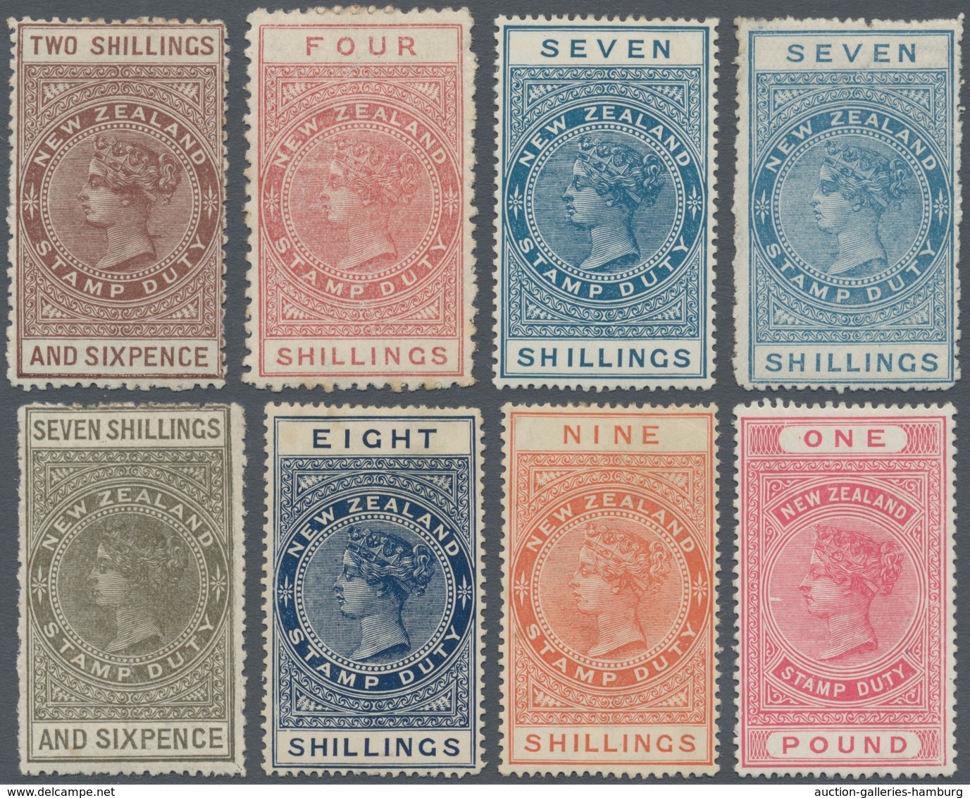 Neuseeland - Stempelmarken: 1882-1930 Postal Fiscal Stamps: Group Of Eight Queen Victoria Stamps Min - Fiscal-postal