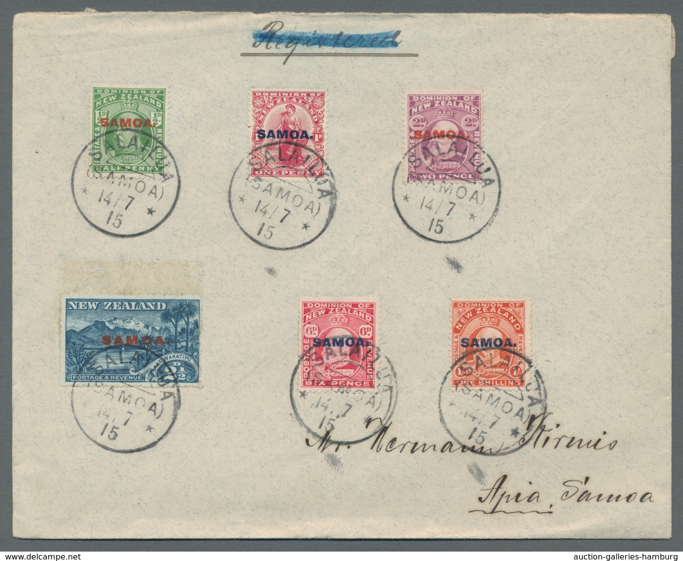 Samoa: 1914, Envelope Addressed To Apia Bearing Overprint Series 1/2d To 1s Each Stamp Centrally Can - Samoa