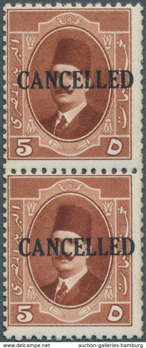 Ägypten: 1923 King Fouad 5m. Brown COIL STAMPS Vertical Pair Surcharged "CANCELLED", Mint Never Hing - 1866-1914 Ägypten Khediva