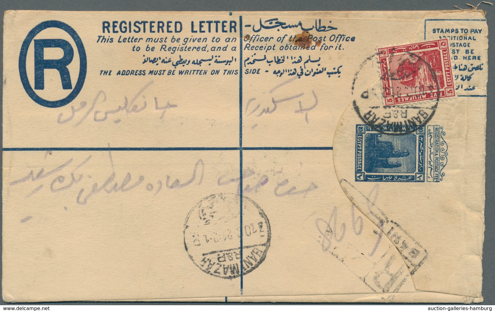 Ägypten - Ganzsachen: 1913 Postal Stationery Registered Envelope 10m. Blue Uprated Pictorial 5m. And - Other & Unclassified
