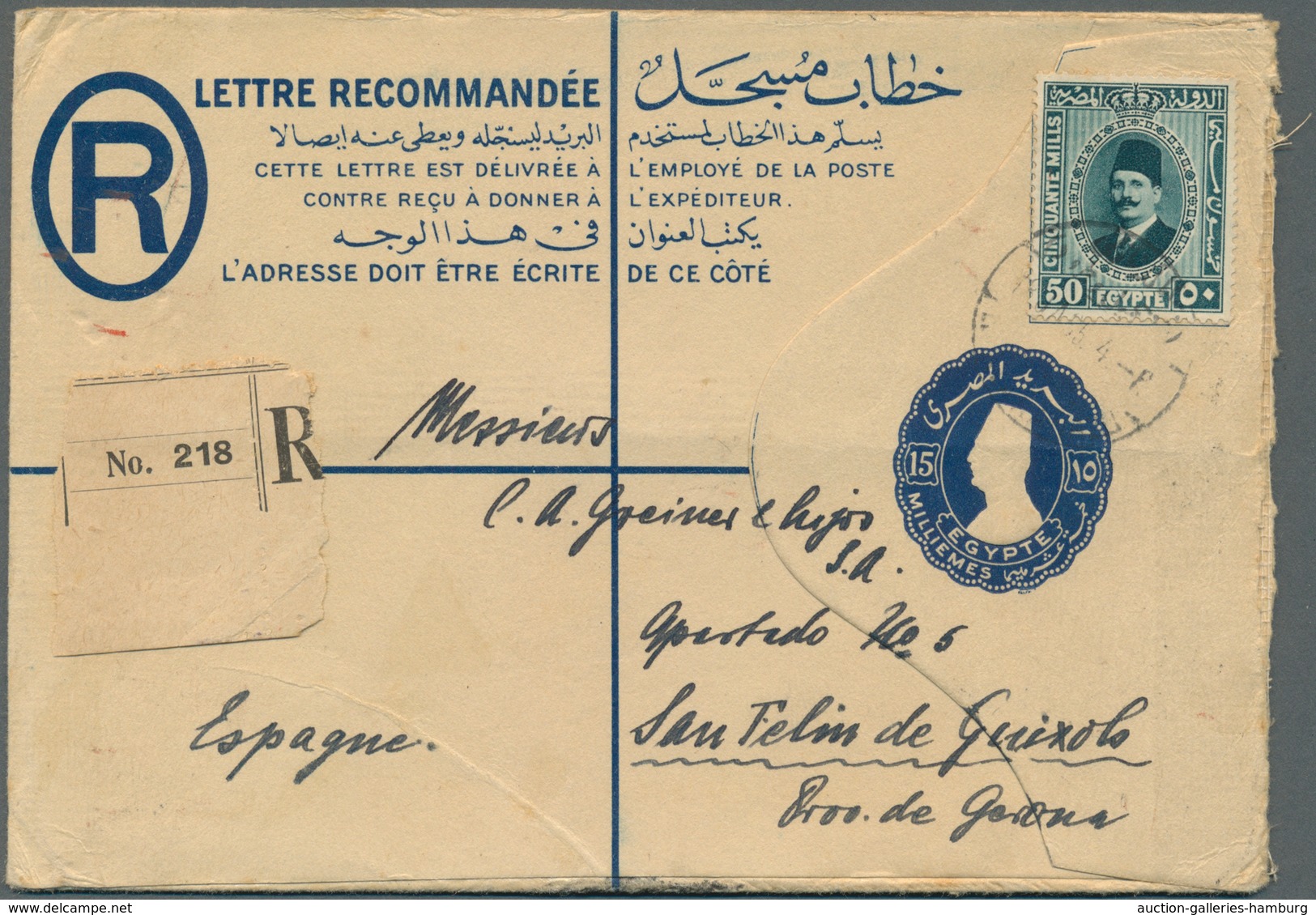 Ägypten - Ganzsachen: 1930 - Ganzsache Einschreibumschlag Mit König Fuad 15 Milliemes Blau Mit Zusat - Sonstige & Ohne Zuordnung