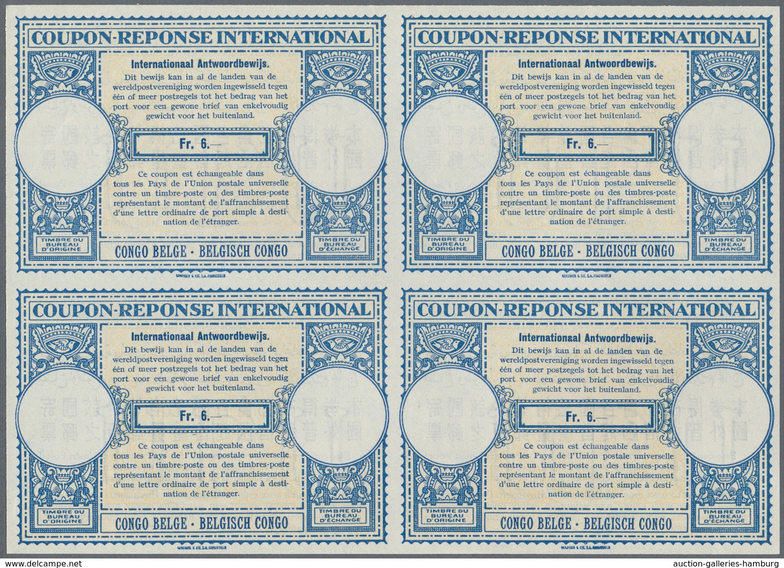 Belgisch-Kongo: 1950/1953. Lot Of 2 Different Intl. Reply Coupons (London Type) Each In An Unused Bl - Sonstige & Ohne Zuordnung