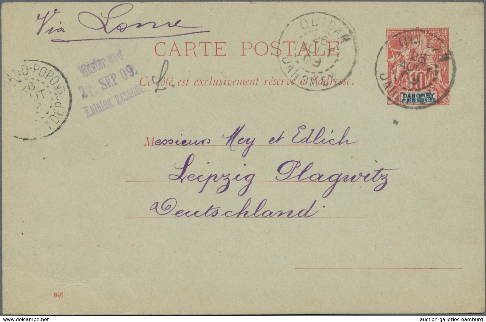 Dahomey: 1909 Postal Stationery Card With Imprint 046 Commercially Used From Ouidah Via Grand-Popo T - Sonstige & Ohne Zuordnung