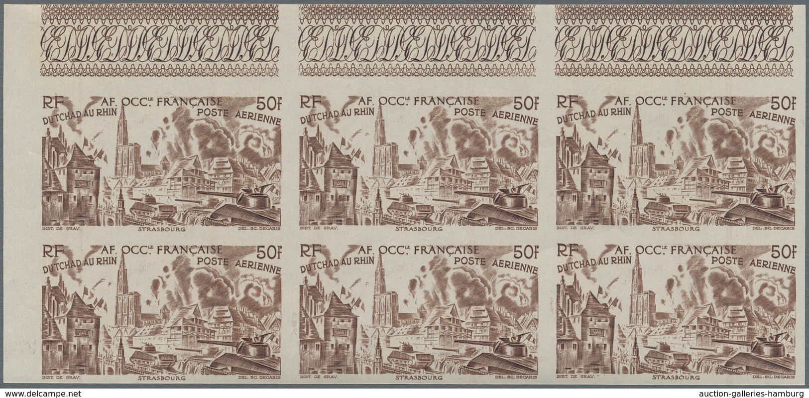 Französisch-Westafrika: 1946, Du Chad au Rhin, 5fr.-50fr., complete set of six values in imperforate