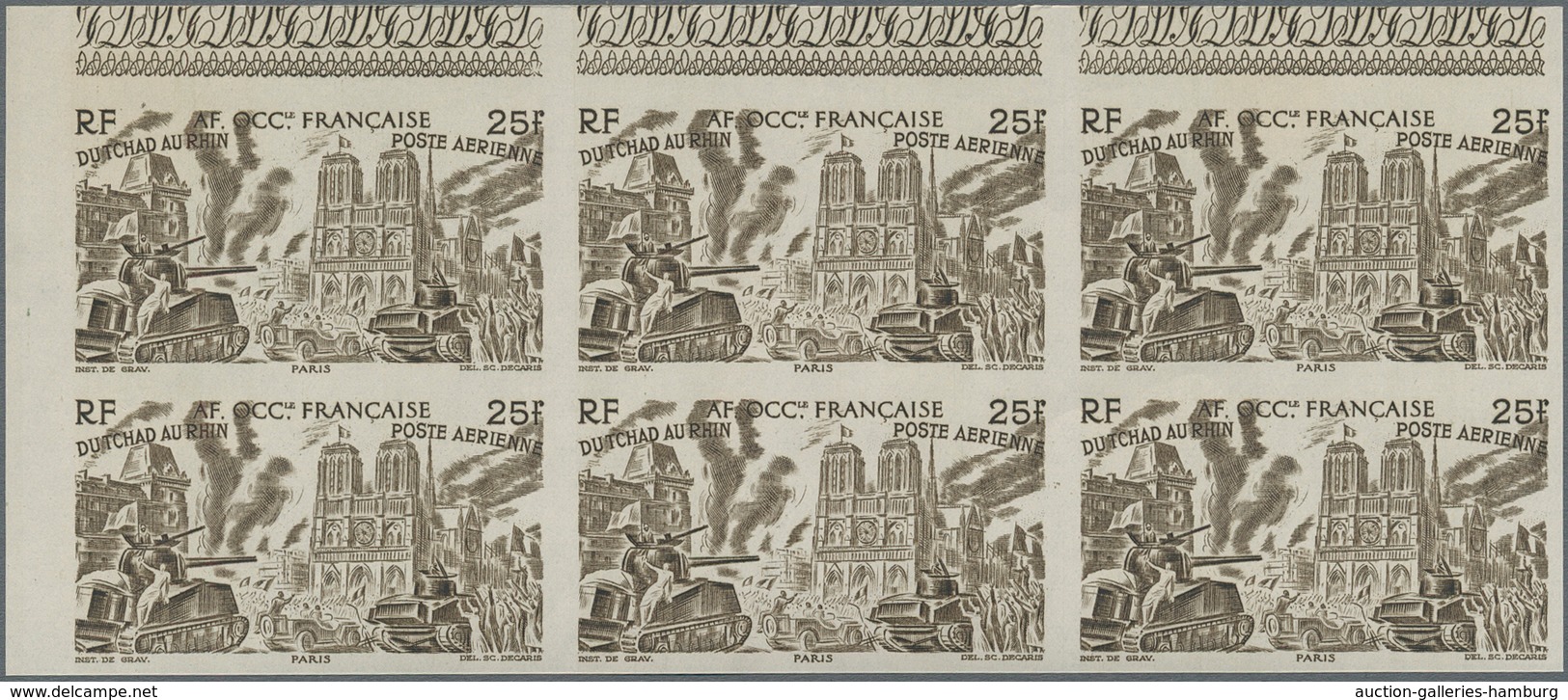 Französisch-Westafrika: 1946, Du Chad au Rhin, 5fr.-50fr., complete set of six values in imperforate