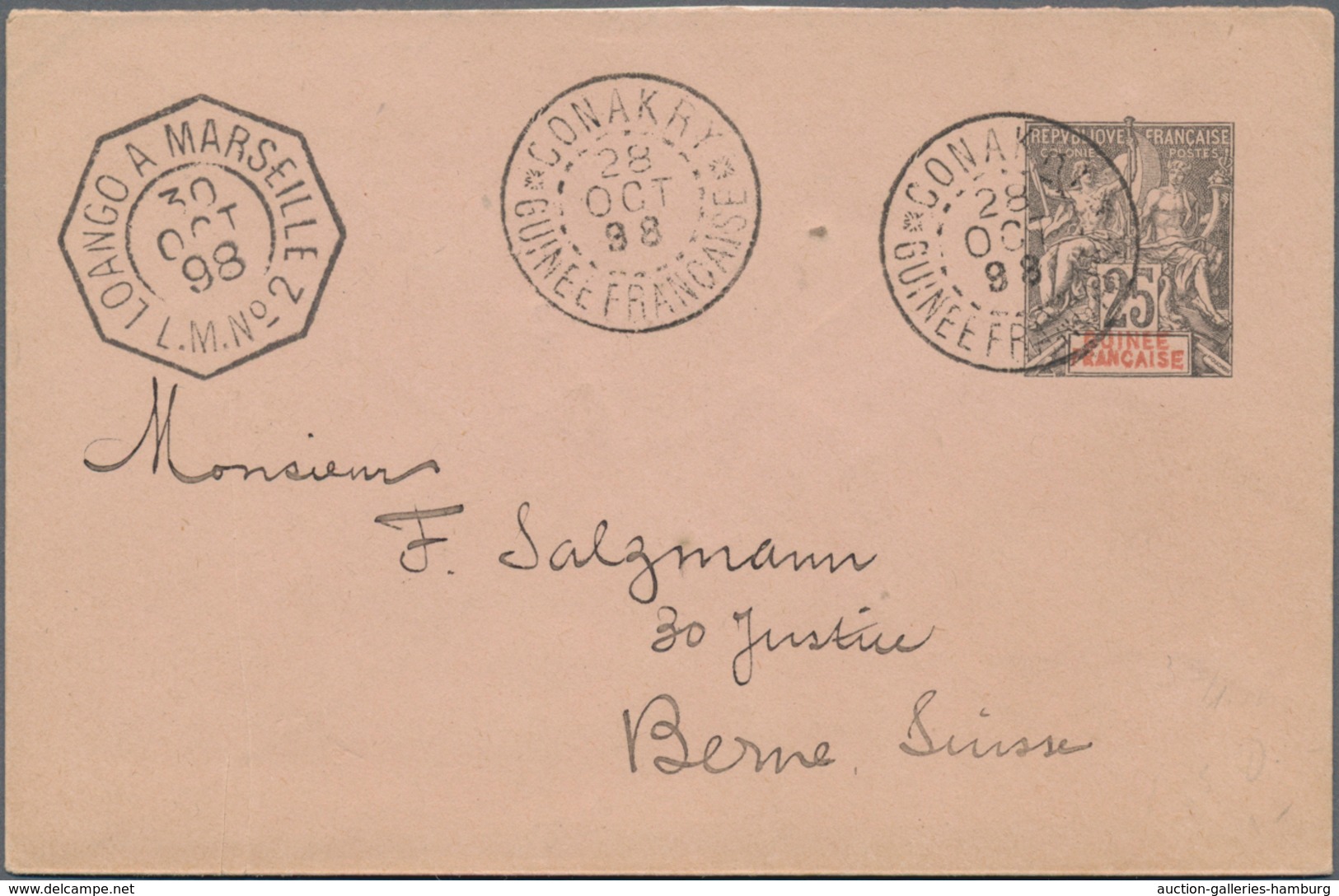 Französisch-Guinea: 1892 Postal Stationery Envelope From Conakry With French Shipmail 1898 To Bern S - Other & Unclassified