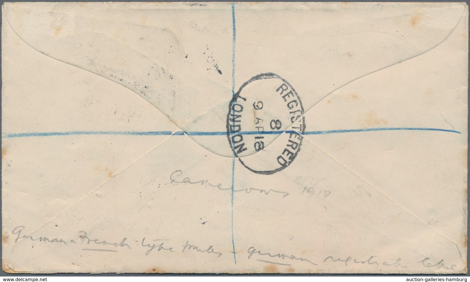 Kamerun: 1918 Registered Cover With Single Franking 5 Fr. Blue/red With Overprint "Cameroon/French O - Kamerun (1960-...)