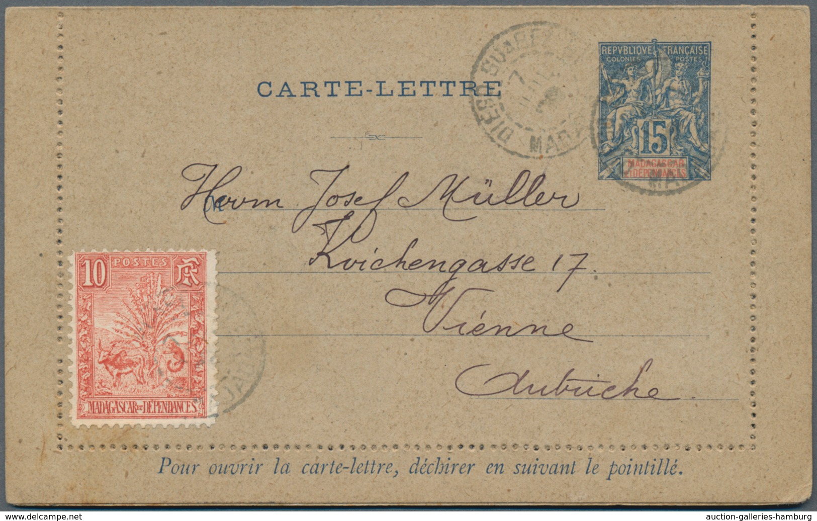 Madagaskar: 1897 Uprated With 10 Cent. Red Postal Stationery Lettercard Sent 1909 From Diego-Suarez - Other & Unclassified