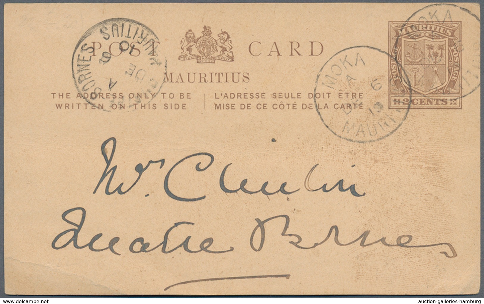 Mauritius: 1910/1919. Calling Card Size Small Postal Stationery Envelope 2c Brown Addressed To Moka - Mauritius (...-1967)