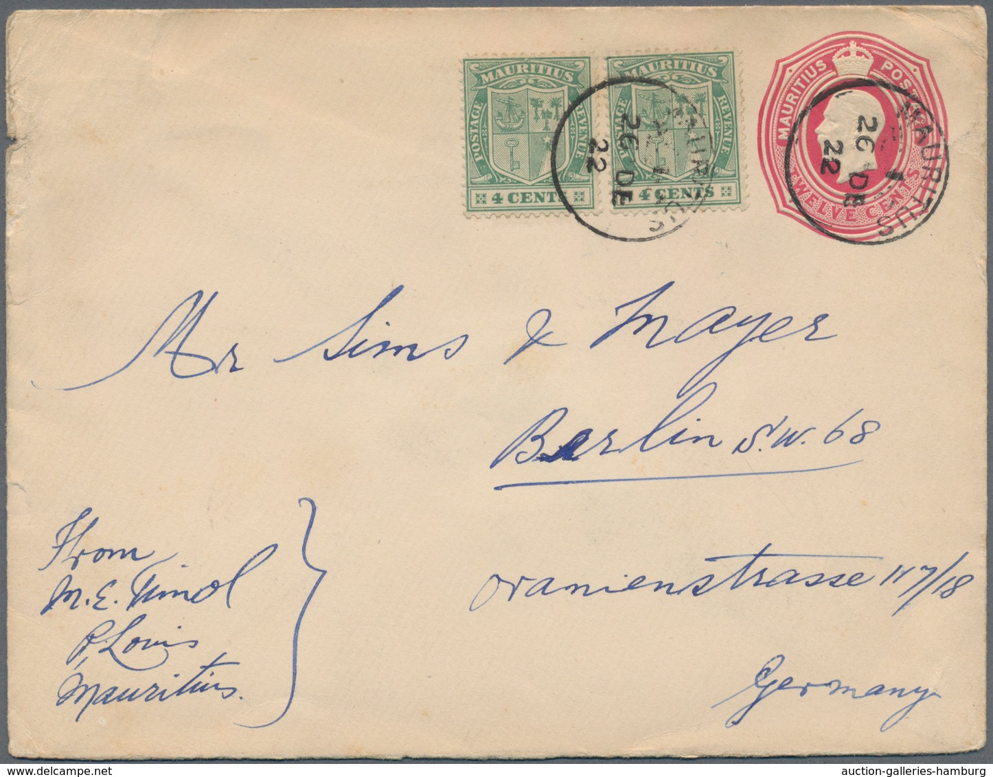 Mauritius: 1922. King George V 12c Carmine Envelope With Two 4c Added Cancelled Mauritius 26 DE 22 A - Mauritius (...-1967)