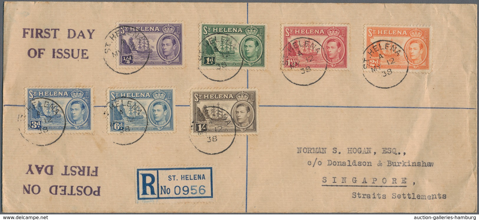 St. Helena: 1938 KGV. Set Of Seven (½d. To 1s.) On Registered First Day Cover To SINGAPORE, Cancelle - Saint Helena Island