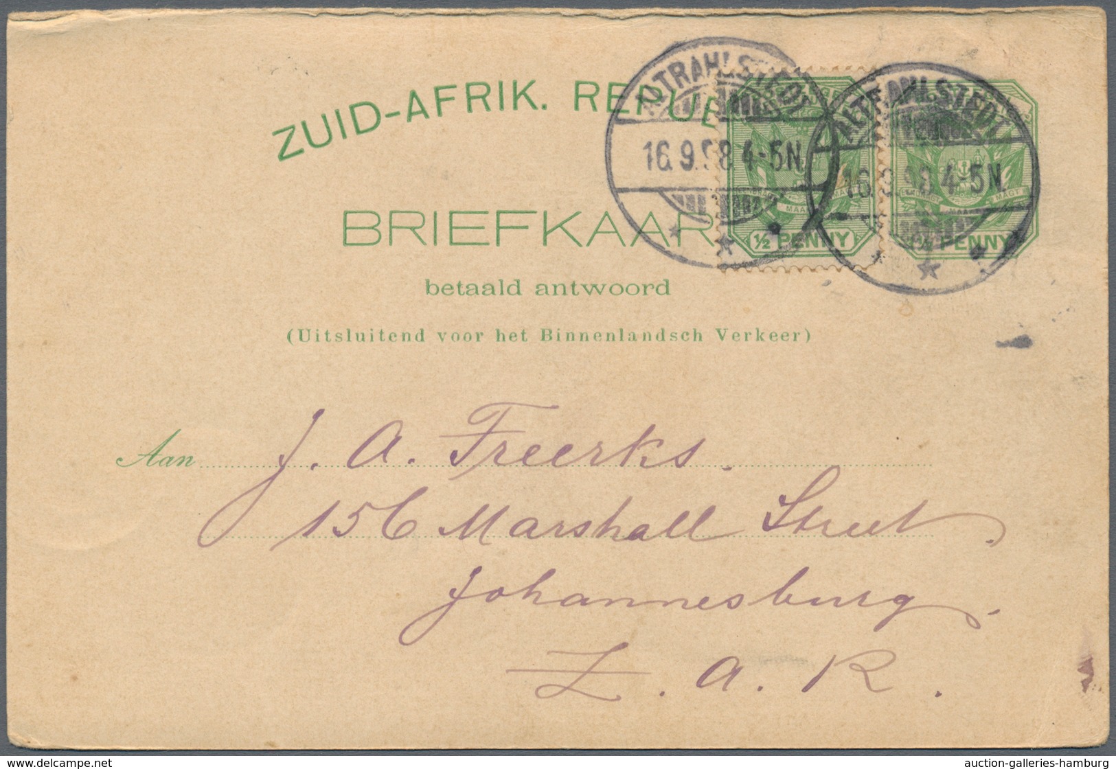 Transvaal - Ganzsachen: 1896, Stationery Question Card ½ D. Uprated ½ D With Comercial Usage Sent Fr - Transvaal (1870-1909)