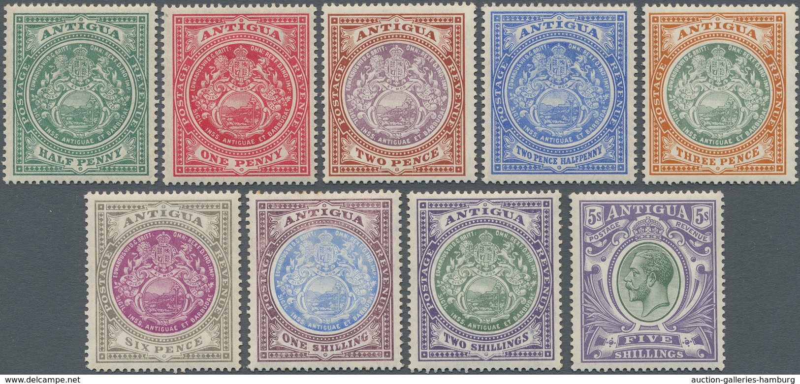 Antigua: 1908/1913, Definitives "Coat Of Arms/KGV", ½d.-5s., Set Of Nine Values, Mint Original Gum P - Antigua Und Barbuda (1981-...)