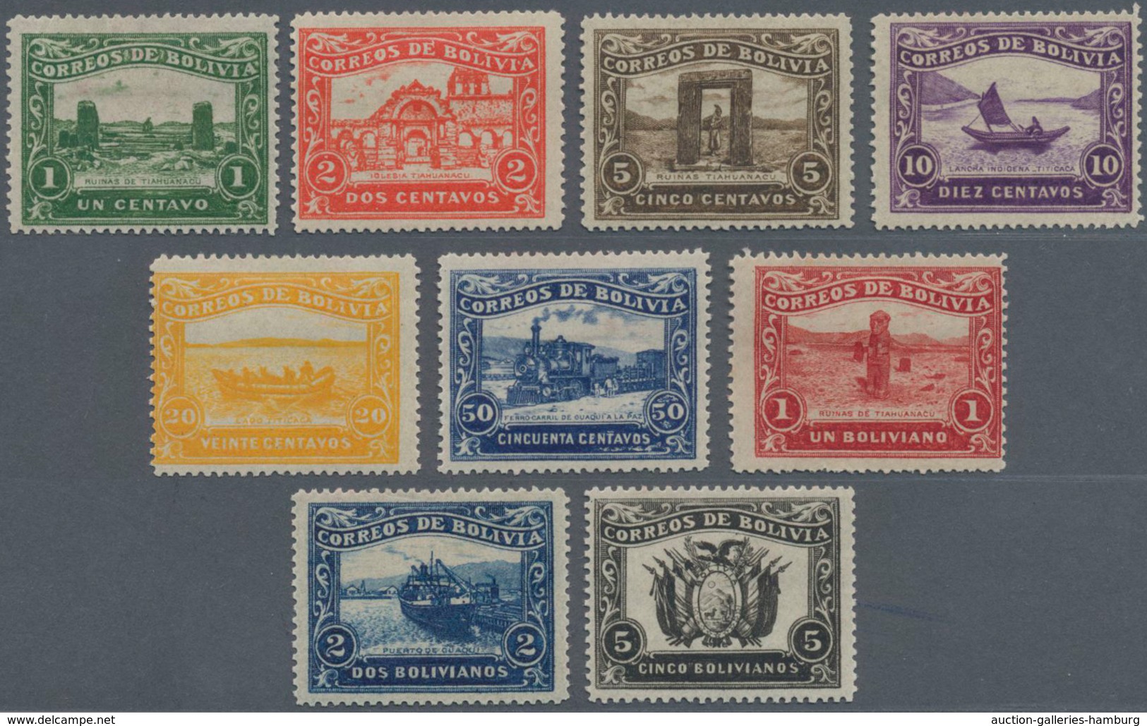 Bolivien: 1914, 1 C. To 5 B., Cpl. Set Of 9 Unissued Stamps "LANDS-CAPES" Assigned For A Set "100 YE - Bolivia