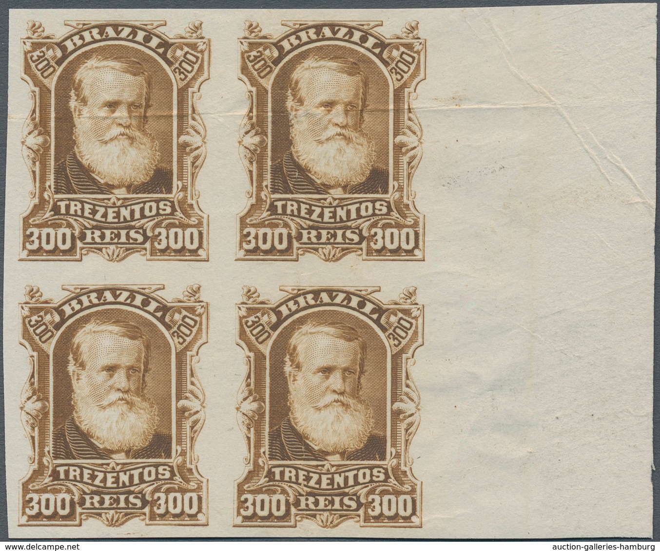 Brasilien: 1878-79, 300 R. Bister Imperf Block Of Four On White Wove Paper, Mint No Gum, Right Corne - Sonstige & Ohne Zuordnung