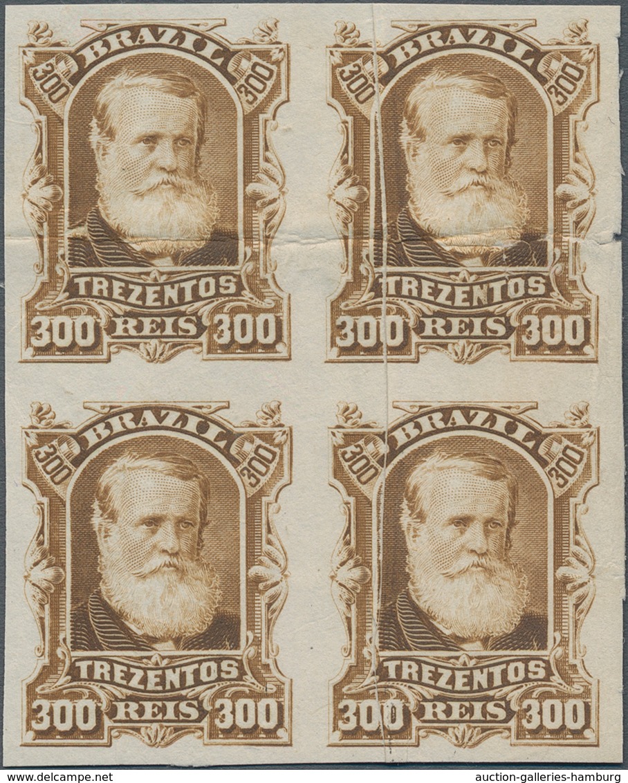 Brasilien: 1878-79, 300 R. Bister Imperf Block Of Four On White Wove Paper, Mint No Gum, Flaw At Top - Sonstige & Ohne Zuordnung