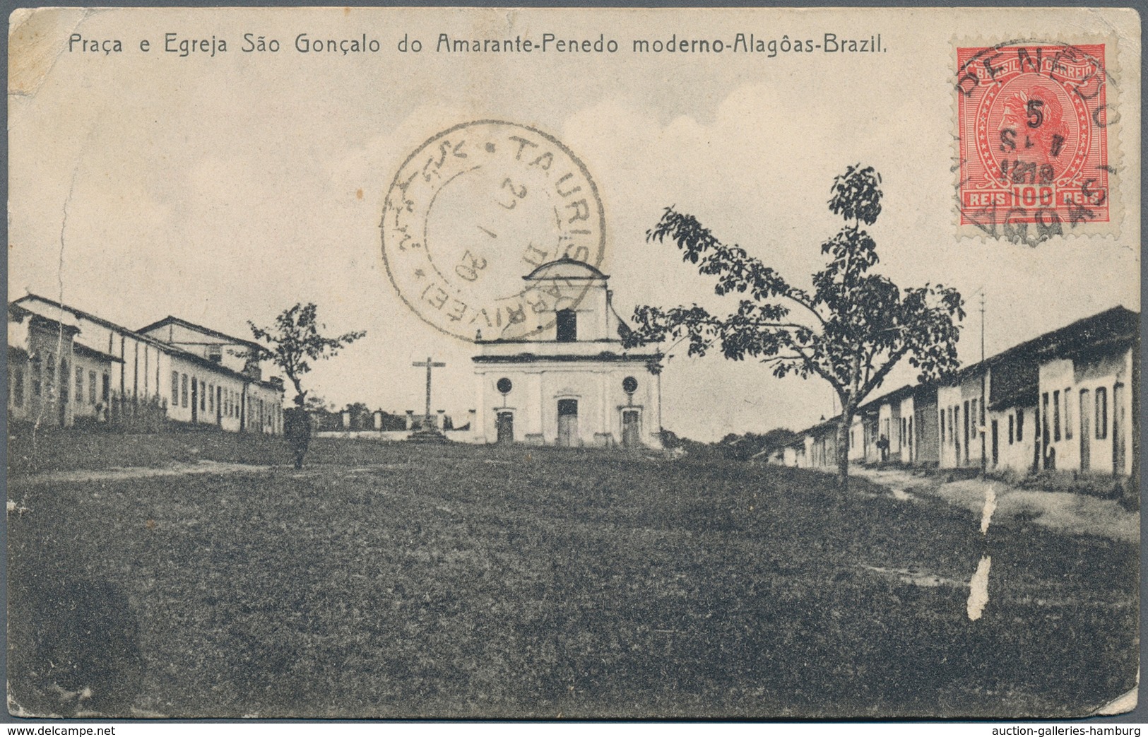 Brasilien: 1920 - Ansichtskarte Aus Penedo Alagoas, Mit 100 R. Rot Bildseitig Frankiert Nach Sistan - Sonstige & Ohne Zuordnung