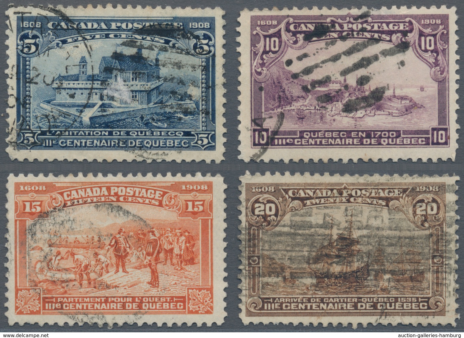 Canada: 1908 'Quebec' 5c., 10c., 15c. And 20c., All Used, The 5c. And 10c. With A Small Tin At Top, - Briefe U. Dokumente