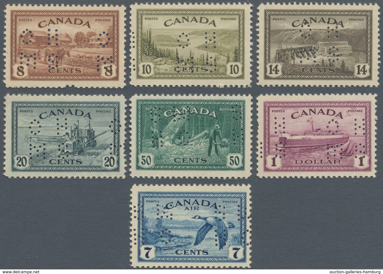 Canada - Dienstmarken: 1946, KGVI Peace Re-conversion Punctured 'O H / M S' Complete Set Of Seven In - Aufdrucksausgaben