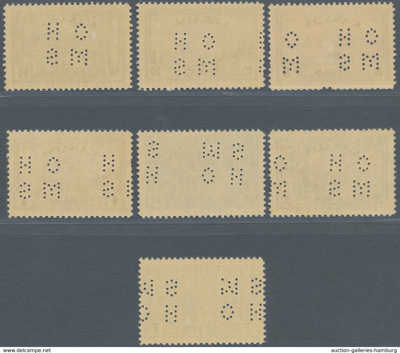 Canada - Dienstmarken: 1946, KGVI Peace Re-conversion Punctured 'O H / M S' Complete Set Of Seven In - Aufdrucksausgaben