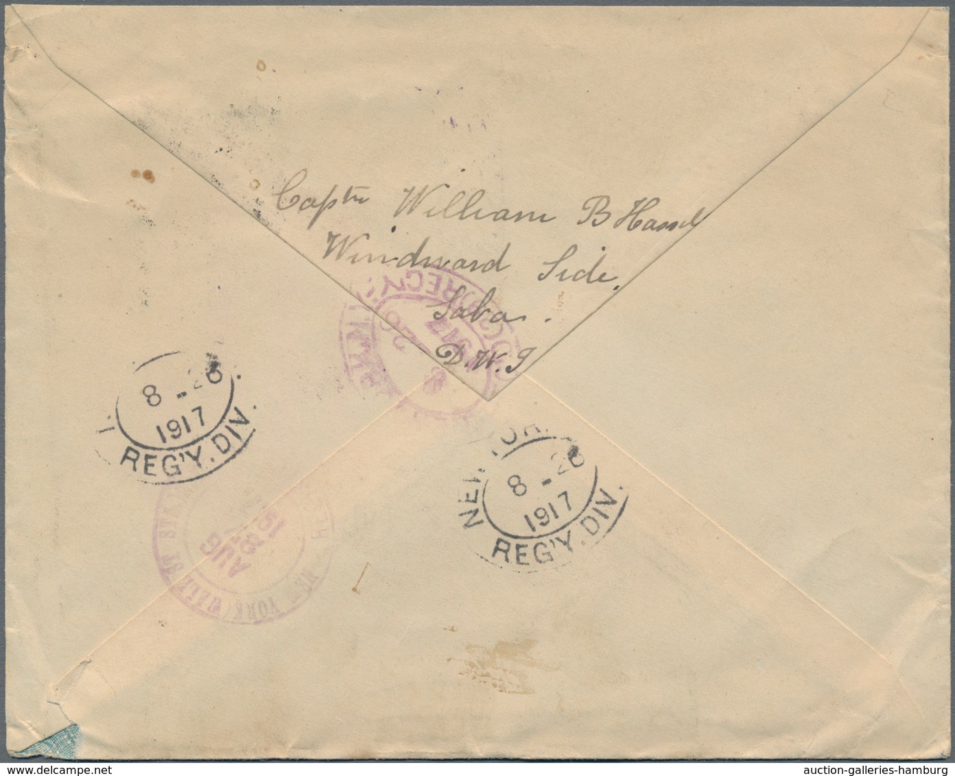 Curacao: 1917, 12 1/2 C Blue Postal Stationery Envelope, Uprated With 10 C Rose, Sent Registered Fro - Curazao, Antillas Holandesas, Aruba