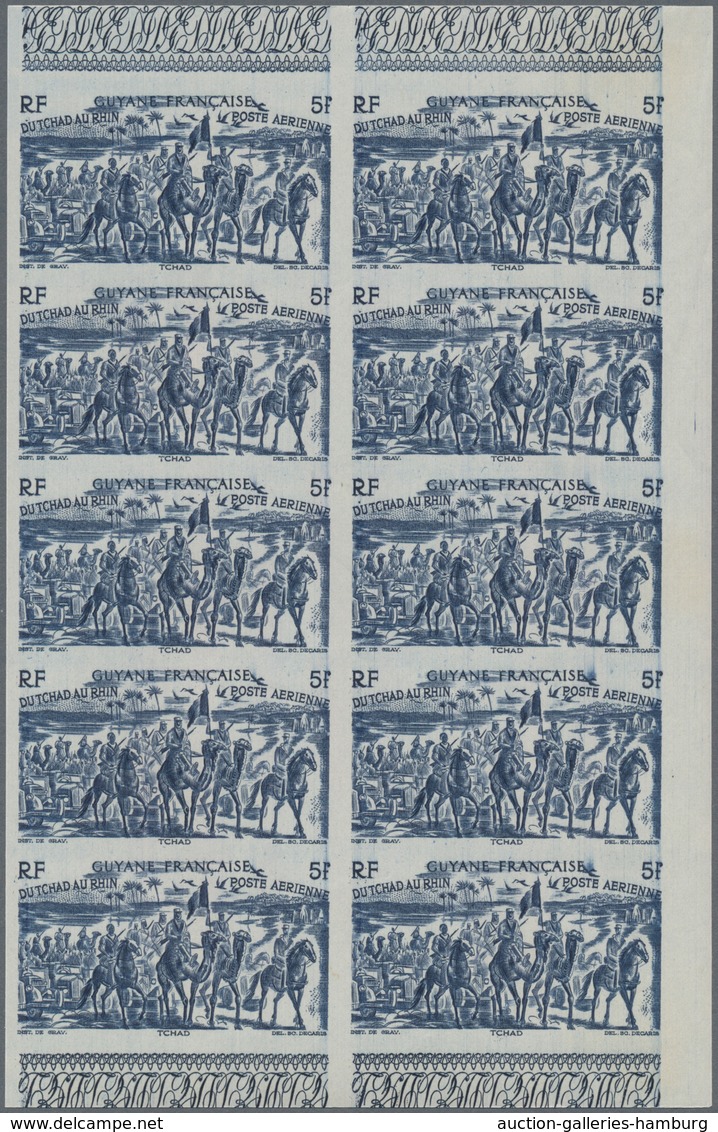 Französisch-Guyana: 1946, From Tchad To Rhine Complete Set Of Six In IMPERFORATE Blocks Of Ten, Mint - Ungebraucht