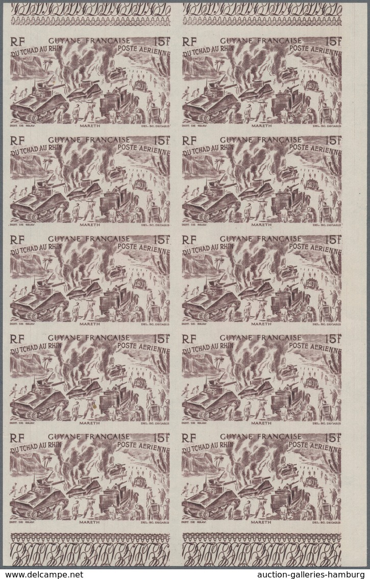 Französisch-Guyana: 1946, From Tchad to Rhine complete set of six in IMPERFORATE blocks of ten, mint