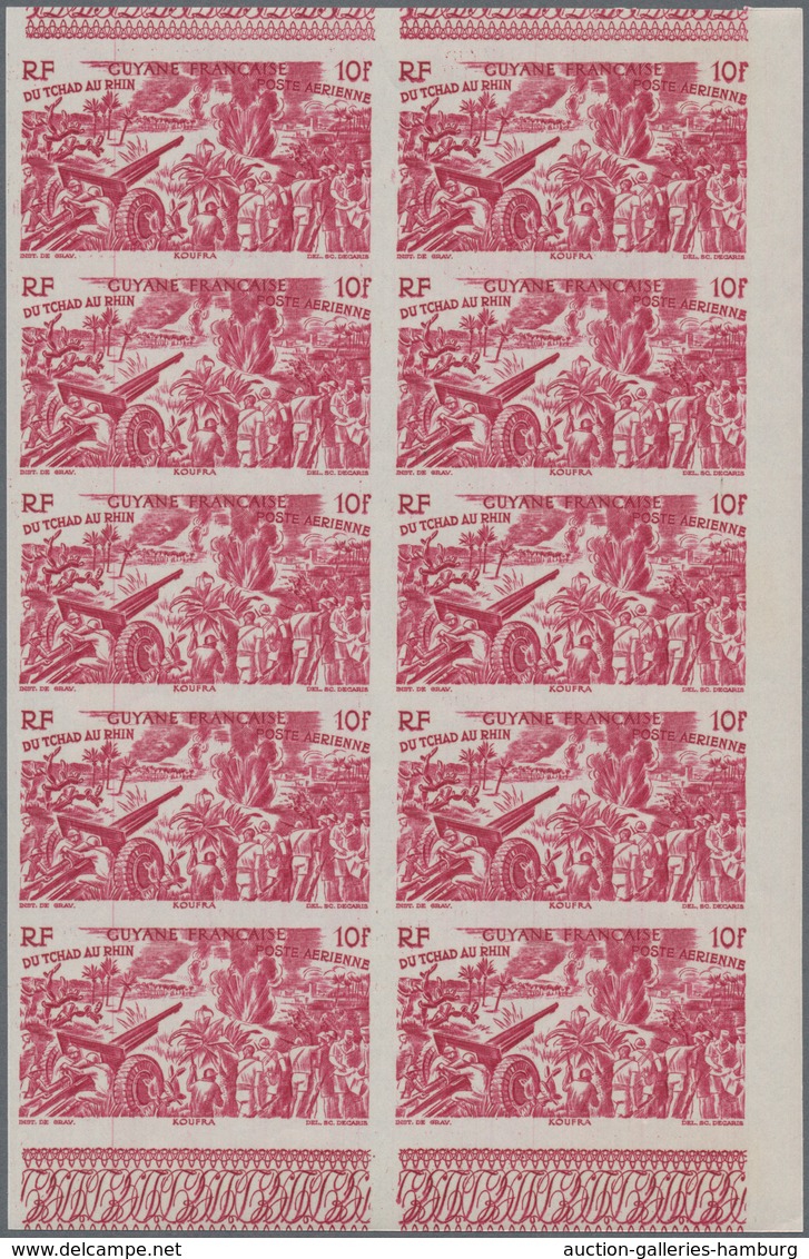 Französisch-Guyana: 1946, From Tchad to Rhine complete set of six in IMPERFORATE blocks of ten, mint